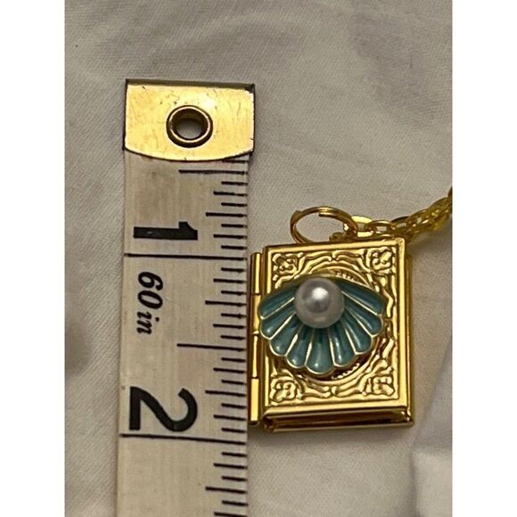 PEARL SHELL BOOK GOLD LOCKET TEAL TURQUOISE FLOWER SEA OCEAN NECKLACE - Picture 4 of 7